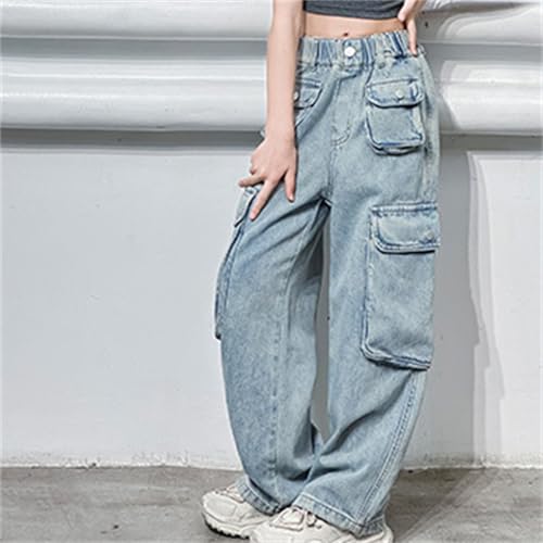 Teen Girls Multiple Pockets Street Dance Pants Kids Girls High Waist Elasticity Wide-Leg Jeans Loose (Blue, 11-12 Year)4