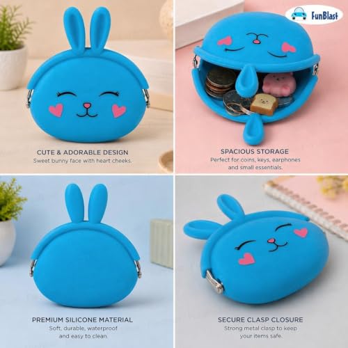 Image of FunBlast Cute Bunny Shape Silicone Coin Purse for Kids & Adults - Mini Pouch for Coins, Earphones, Keys & Small Essentials, Aesthetic Pouches for Girls & Women - 12 X 9.5 X 3 Cm (Bunny-Blue)