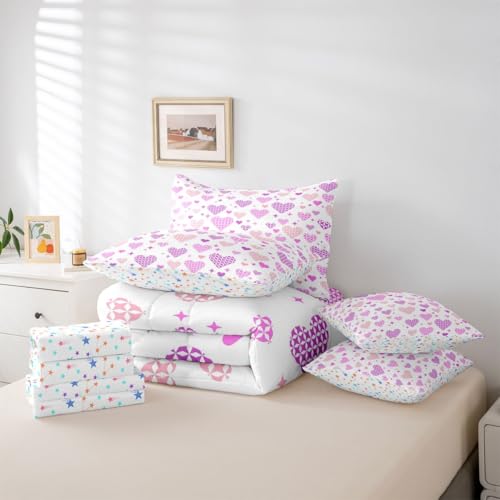 Image of Erosebridal Love and Heart 7 Piece Bed in A Bag Full Cute Heart Pattern Bed in A Bag Pink Purple Valentine Bedding Sets for Kids Girls Love Geometric Sheet Set with Comforter