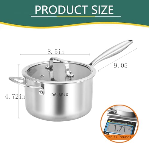 Image of DELARLO Tri-Ply Stainless Steel Saucepan, 3.5 QT Saucepan with Lid, All Stove Compatible 500℉, Induction Sauce Pot, Heavy Duty Saucier, Dishwasher Safe Saucepan, Induction Pot 3.5 Quart, Even Heat