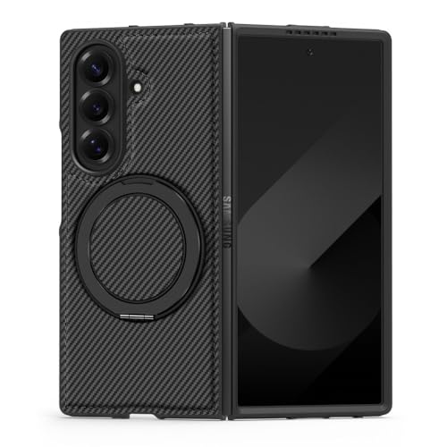 Coque en cuir fibre de carbone pour Galaxy Z Fold 3 noir avec support rotatif chic