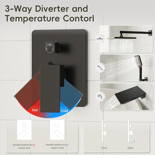 Image of Gabrylly Shower System with Tub Spout, Wall Mounted Tub Shower Faucet Set for Bathroom with High Pressure 10 inch Rain Shower head and 3-Setting Handheld Shower Head Set,Matte Black