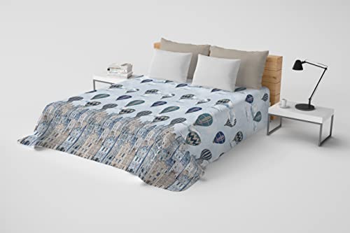 HomeLife Colcha Fina de Verano y Primavera para Cama de 90 cm | Edredón Estampado con Globos Aerostáticos Fabricado en Italia | Ligera Colcha Cubrecama de Algodón | Azul, 170x280