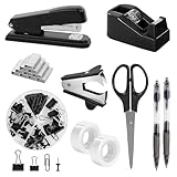 SKYDUE Black Office Supplies Set, Black Desk Accessories, Stapler, Tape Dispenser, Scissors, Binder/Paper Clips and 1000pcs Staples, Desk Supplies Set