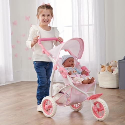 Badger Basket Foldable Jogging Style Doll Stroller - Adjustable Handle, Canopy, Straps & Basket - Fits 18-22" Dolls, Lightweight Toy for Girls Ages 3+ - Pink Gingham Design by Badger Basket - Image 4