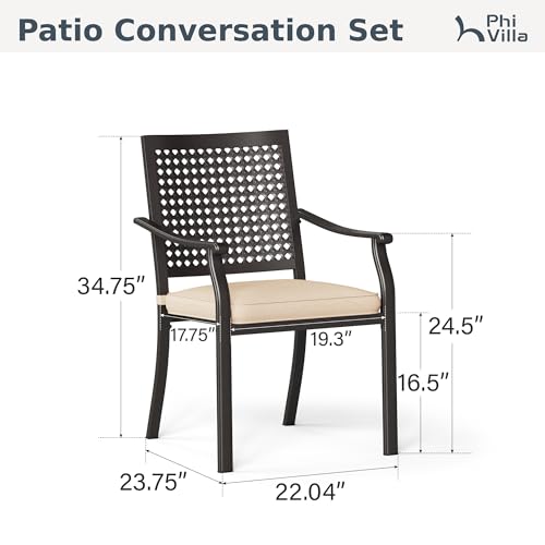 Image of PHI VILLA Outdoor Metal Dining Chairs Set of 2, Black Wrought Iron Stackable Chairs with Cushions, Heavy-Duty Seating Furniture for Patio, Deck, Yard, Porch
