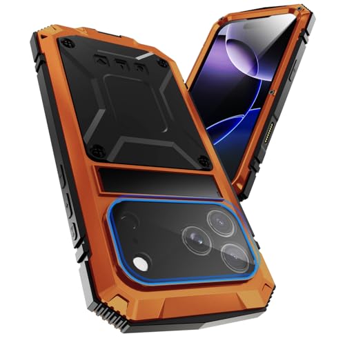 Simicoo for iPhone 17 Pro Max Metal Military Heavy Duty Case, Aluminum Silicone Shockproof Dustproof Rugged Tough with Stand Screen Protector Camera Control Full Body Drop Protective Cover (Orange)