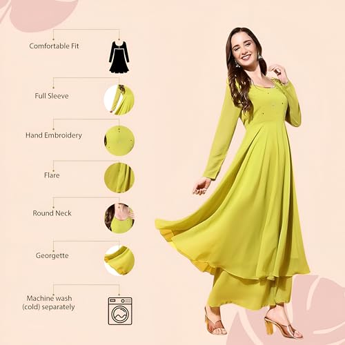 Image of PH POSHAKHUB Georgette Regular Fit Hand Embroidery Anarkali Kurta Set for Women, Yoke Anarkali Kurta for Woman, Ankle Length Anarkali Suit for Women, Full Sleeve Kurti, Dress for Woman