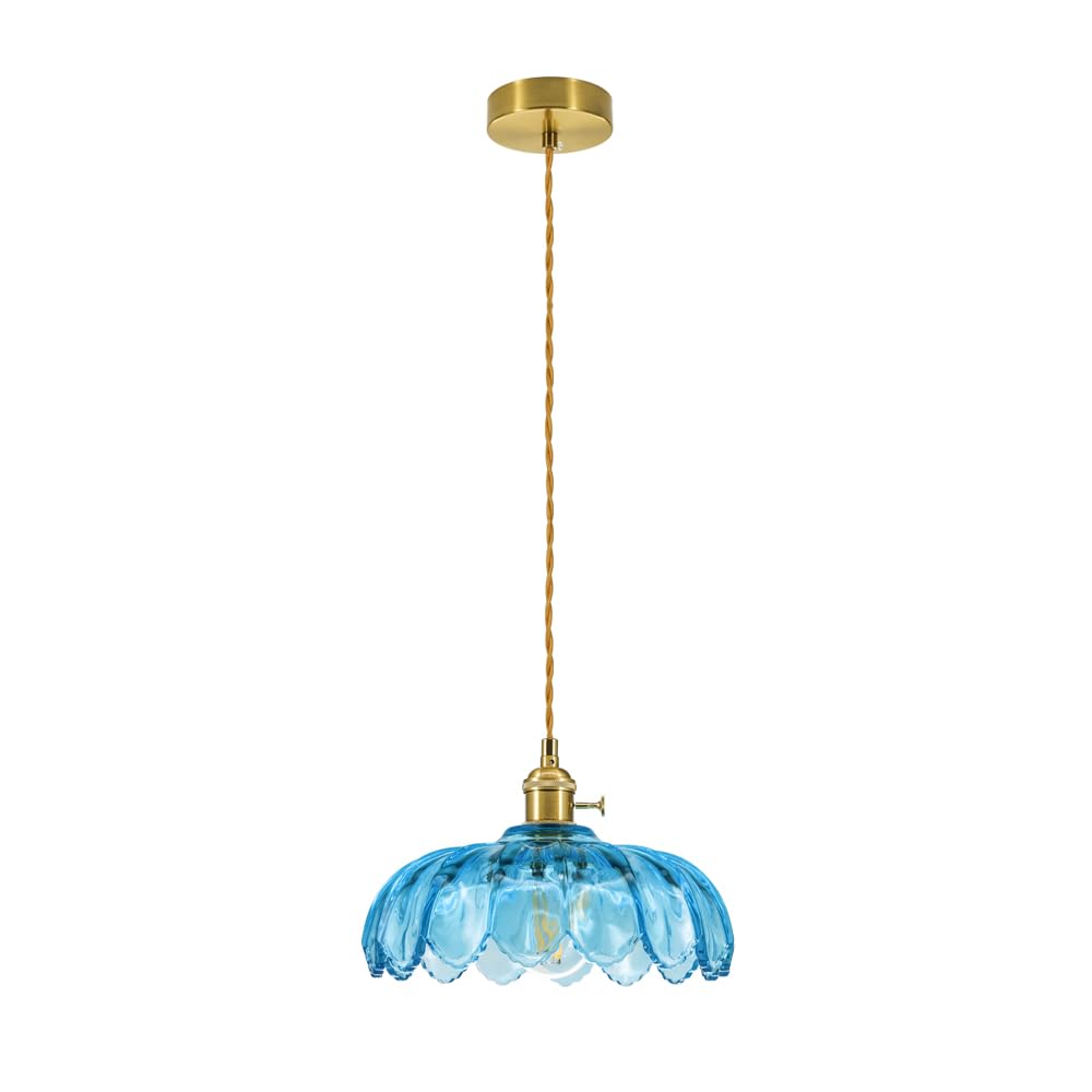 Lampada a sospensione blu a forma di loto, per tavolo da pranzo, in vetro vintage, con attacco E27, regolabile in altezza, moderna lampada a sospensione retrò, paralume in vetro di loto, di