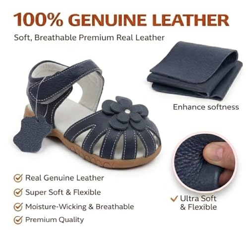 Image of Femizee Toddler Girls Leather Dress Sandals with Adjustable Strap | Toddler /Little Kids, Leather upper, Cushioned footbed, Hook-and-loop, Flexible Sole, Dressy summer occasions, Princess-style