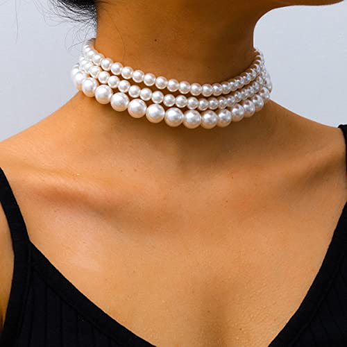 Boho Choker Necklaces for Women - Faux Round Pearl Layered Fashion Chunky Thick Clavicle Necklace Wedding Bride Jewelry Gifts3