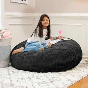 Black color 4 foot faux fur big bean bag chair size 48 l x 48 w x 16 h incredibly soft removable and machine washable cover with childproof zipper lock  urban country home decor