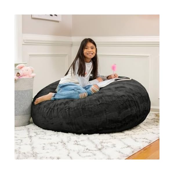 Black color 4 foot faux fur big bean bag chair size 48 l x 48 w x 16 h incredibly soft removable and machine washable cover with childproof zipper lock  urban country home decor