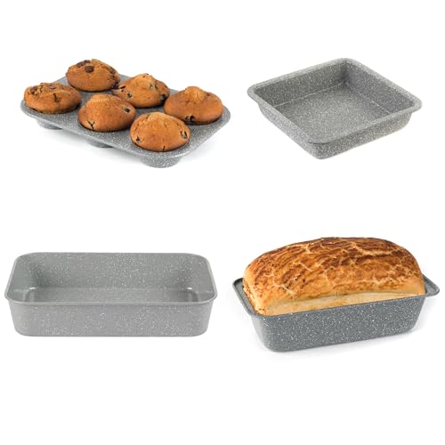 Image of Salter Marblestone 4 Piece Baking Set - Non-Stick 6-Cup Muffin Tray, Square Pan, Deep Baking Tray & Loaf Baking Pan, Oven Safe Up to 220°C, Durable & Sturdy Carbon Steel, Lightweight, Easy Clean