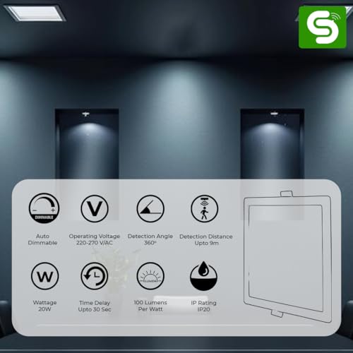 Image of 20W Motion Sensor Square LED Panel Light Cool White ESY-L20ED