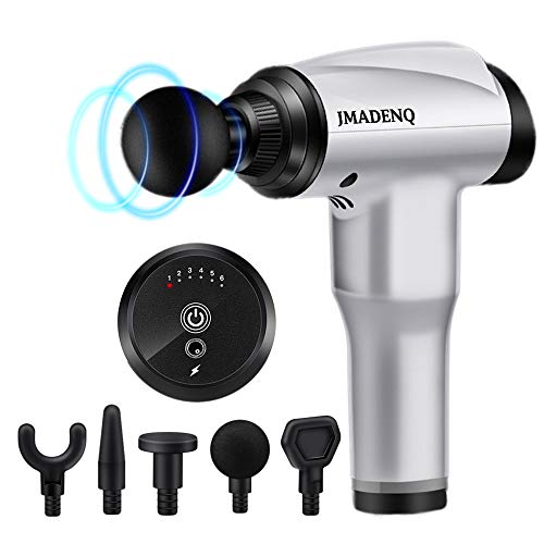JMADENQ Professional Massage Gun-Cordless Portable Muscle Massage Device for Deep Tissue Relaxation, Rechargeable Quiet Gun Massage with 5 Interchangeable Heads and 6 Speed Level (Silver)