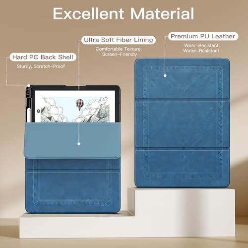 Image of MoKo Stand Case for 11 inch Kindle Scribe (3rd Generation -2025) & Kindle Scribe Colorsoft (1st Generation 2025) - Premium Leather Trifold Stand Cover with Pen Holder, Auto Sleep /Wake, Blue Vintage Twill