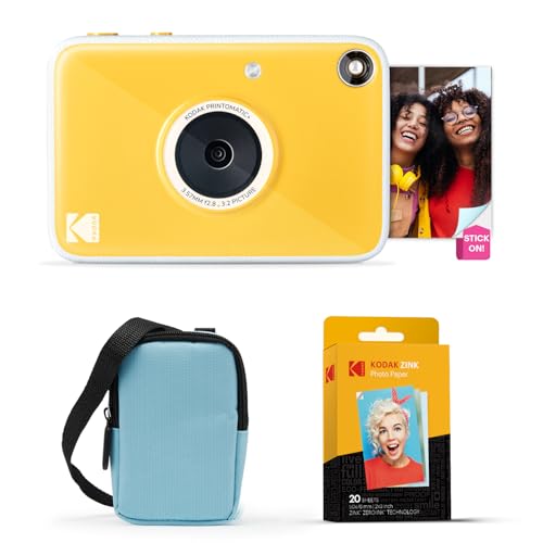 Image of Kodak Printomatic+ Instant Print Digital Camera Starter Bundle + Carrying Case (Blue) + Zink 20pk Sticky-Back Photo Paper - 10MP, Full-Color Photos, GB LED Status Indicator - Yellow