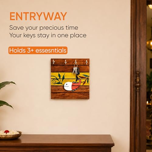 Image of AAKRITI ART CREATIONS Key Holder, Boga Hand Painted Wooden Key Holder with Bird Design | Rustic Akasia Wood Wall Organizer with 4 Hooks | Storage Shelf for Keys, Hats | Multifunctional Entryway Decor