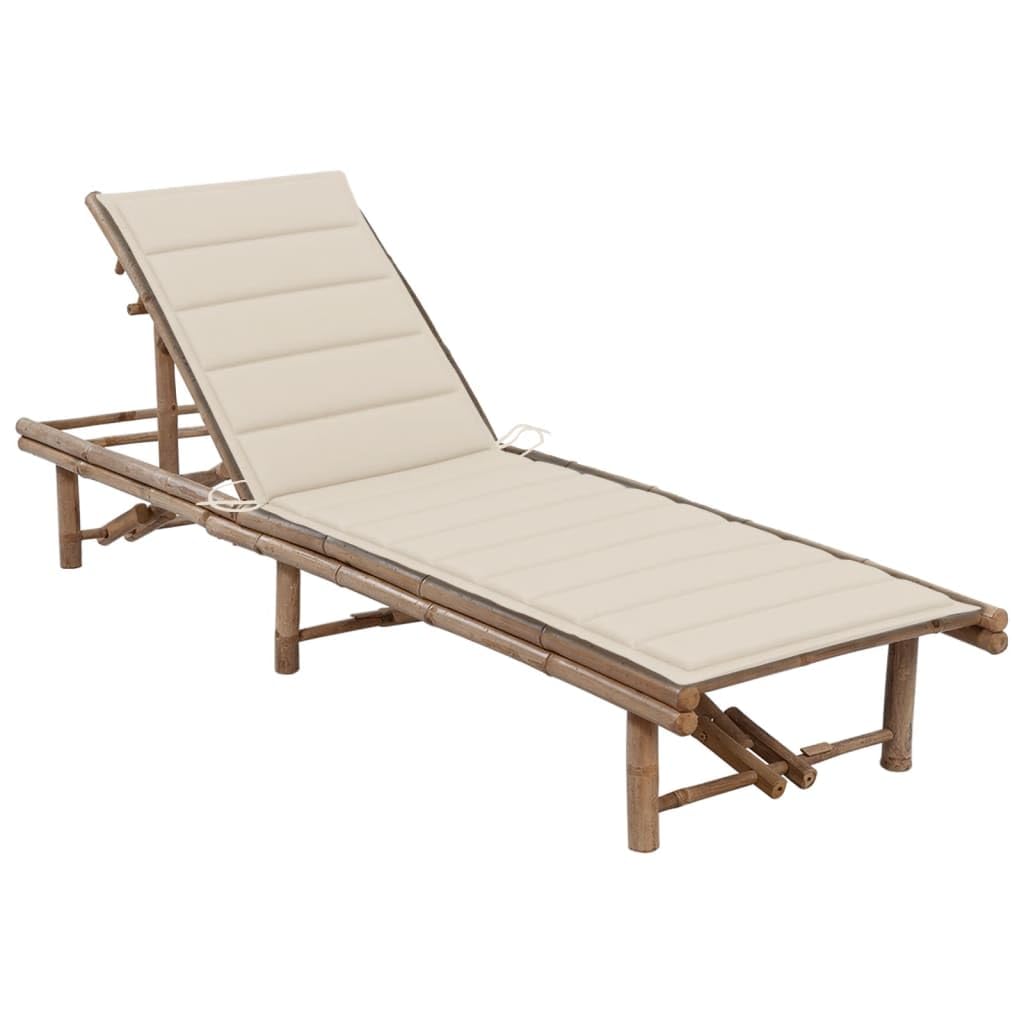 Tumbona de jardín de bambú con respaldo ajustable y cojín beige, 200 x 65 cm, ideal para terraza, balcón, piscina y relajantes baños de sol en el jardín