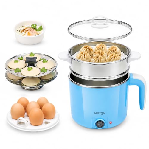 Image of Milton Electric Kettle Multipurpose 1.2L | 600W Multi Cooker Kessel | 4-in-1 with Idli Stand (2 Plates), Steamer With Stainless Steel Stand, Egg Boiler | 1 Year Warranty