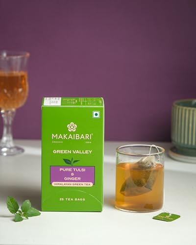 Image of Makaibari Green Valley Apoorva Pure Tulsi and Ginger Green Tea bags | Premium Green Tea | Anti-Oxidants, Immunity Booster | 25 Tea bags | 45g
