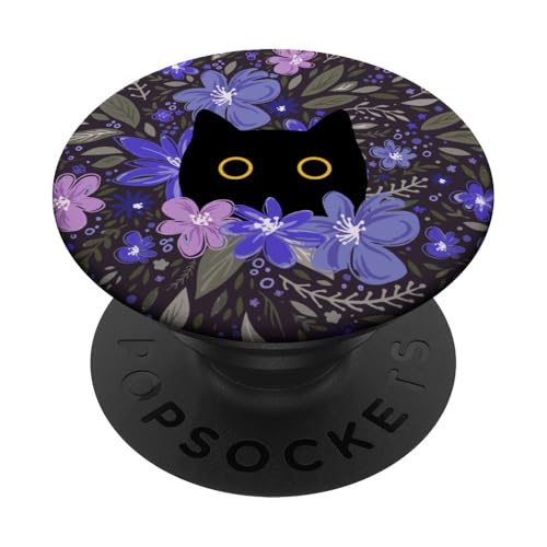 Black Cat Hiding in Garden Flowers Cute Floral Pattern PopSockets Adhesive PopGrip