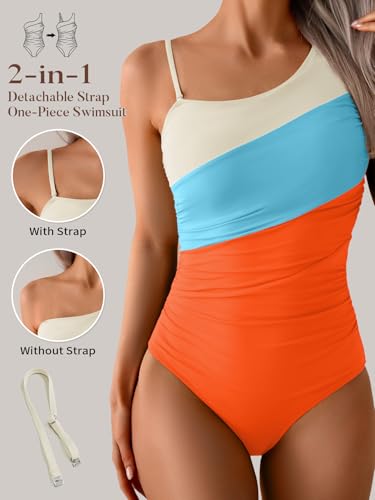 Image of Aidonger One Shoulder One Piece Swimsuit for Women Tummy Control Bathing Suits Color Block Ruched Swim Suit Slimming Swimwear