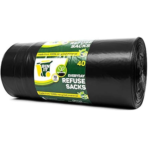 BIN IT 40 Drawstring, Everyday Refuse Sacks, Bin Bags, Bin Liners, 70 Litre, Recycled, Strong, Tear Resistant, 30 μm, Perfect for Everyday Use, Household, Office, Kitchen & Caterers Cover