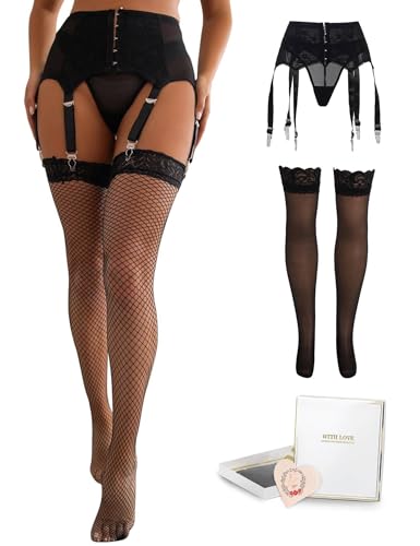Image of ohyeah Plus Size High Waist Garter Belt Set Lace Mesh Suspender Belt with 6 Vintage Metal Clip for Stockings