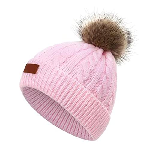 Kids Winter Hat Toddler Knitted Pom Beanie Hat Cotton Lined Faux Fur Pom Pom Cap Baby Girls Boys Beanies 1-6 Years Old Light Pink