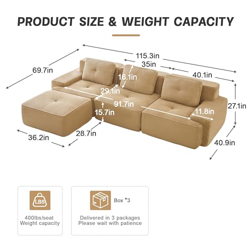 Image of 117 inch L-Shaped 3-Seater Modular Boneless Couch with Ottoman, Soft Corduroy Cloud sectional Sofa, Deep Seat Ergonomic Design, No Assembly Anti-Slip Sofa for Living Room, Camel