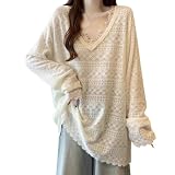 [ZeoYoee] tシャツ レディース 長袖 カットソー トップス ロンt Vネック 無地 ティーシャツ 透け感 レイヤード インナー レース フリル プルオーバー 体型カバー ゆったり 重ね着 春服 通勤 春 秋