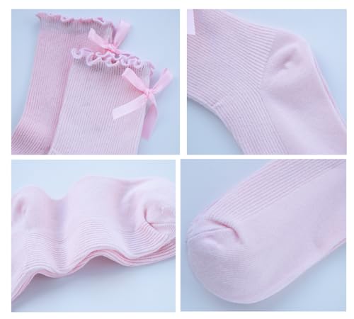 Image of Womens Bow Socks Ruffle Casual Crew Black Whitte Soft Breathable Cotton 4 Pairs Socks