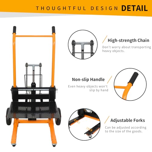 Tory Carrier Hydraulic Winch Stacker, 440lbs Capacity Material Pallet Stacker, 35.4\" Lifting Height, Pallet Truck Dolly, 9.1” Rubber Wheels Lift Table Cart, Forklift with Steel Platform Board - Thumbnail 5