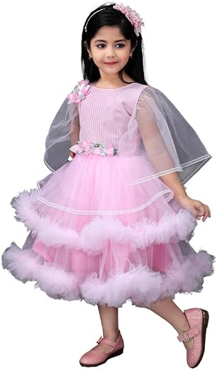 Bongprince Solid Round Neck Net Fabric Knee Length Girls Frock