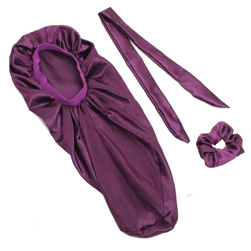 Bonnet de nuit en satin Mikinona violet long élastique pour cheveux bouclés (3 pièces)
