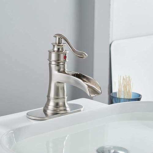 Bathfinesse Bathroom Faucet Brushed Nickel Waterfall Single Hole With Metal Pop Up Drain Stopper One Handle Sink Faucets Bath Vanity Lavatory Vessel Commercial Satin With Water Supply Hose #TOP1