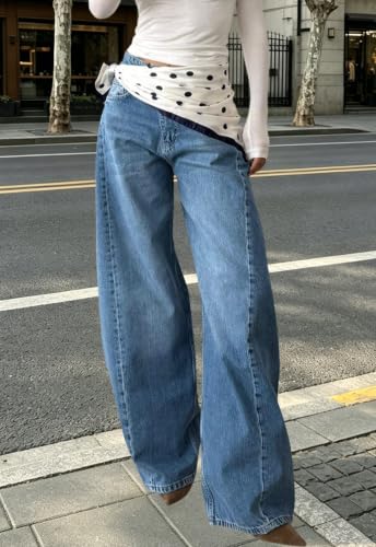 Image of Women's Straight Leg Jeans High Waisted Wide Leg Stretchy Baggy Denim Pants