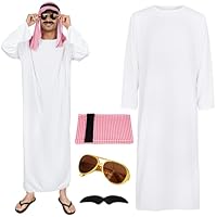 BSBUY Kostüm Arabischer Scheich 4Pcs Scheich Kostüm Herren mit Weißes Arabisches Gewand kariertes Kopftuch Brille und Bart Sheikh Araber Cosplay Faschingskostüme Scheich Arabo Costume Verbesserter 2.0