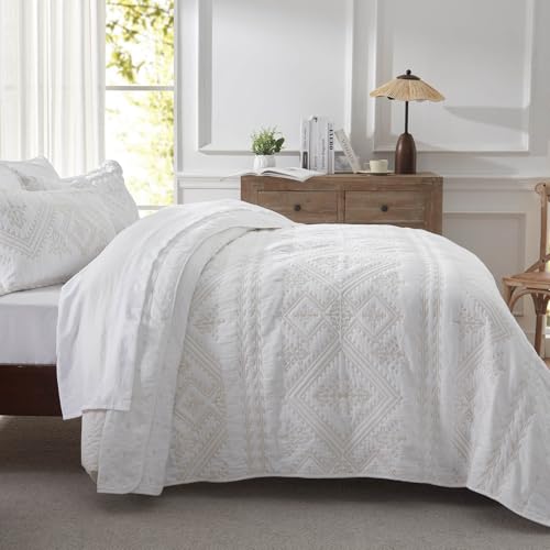 LEAONME 100% Cotton 3-Piece Quilt Set White Full Queen Size Lightweight Bedspread Coverlet 90''x98'' Soft Luxurious Embroidered Bedding Set for All Seasons (1 Quilt, 2 Pillow Shams)