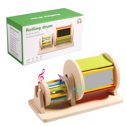 SPERMUOY Montessori Spinning Drum,Montessori Spielzeug Baby Drehende Trommel Holz Spielzeug für Säuglinge 6-12 Monate Rainbow Montessori Spinning Drum Musik Spiegel Trommel