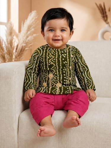 Image of Pspeaches Boys Rayon Full Sleeves Round Neck Bandhani Print Angrakha Kurta and Dhoti Pant 2 Piece Set|Ethnic Wear For Cute Baby Boys|Traditional & Festive Outfit