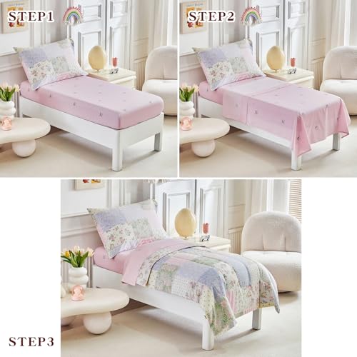 Image of Joyreap 4 Piece Cotton Toddler Bedding Set- Colorful Flowers Grids Patchwork Design, Toddler Comforter Set for Girls, Includes Quilted Comforter, Fitted Sheet, Top Sheet, and Pillow Case