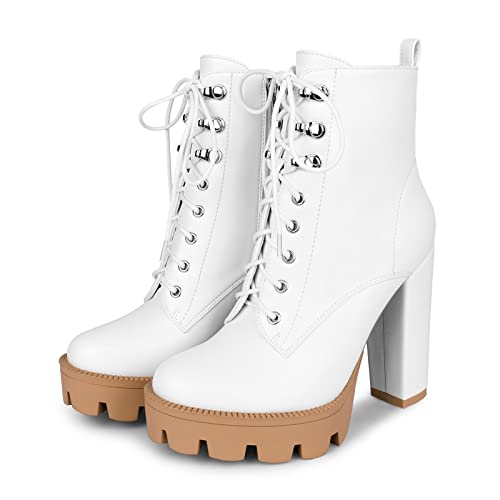 Wetkiss White Platform Boots For Women Heeled Combat Boots Womens Chunky Heel Boots For Women White Boots For Women Ankle Booties Round Toe Lace Up High Heel Boots Heeled Boots For Women #TOP1