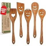 MFC 5-Piece Wooden Cooking Spoons - Kitchen Set from Natural Cherry Wood - Wooden Spoons for Cooking - Funny Utensil Set with Smiley Faces - Cooking Multipurpose Wood Utensils
