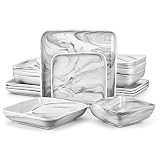 MALACASA Plates and Bowls Sets, 16 Piece Porcelain Square Dinnerware Sets for 4, Marble Dish Set wit