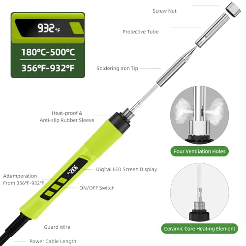 Soldering Iron Kit, 190W Soldering Gun, 110V LED Solder Kit for Electronics, Adjustable Temperature 356-932℉, Includes Solder Wire, Tips, Stand, Sponge and Flux Paste, Green