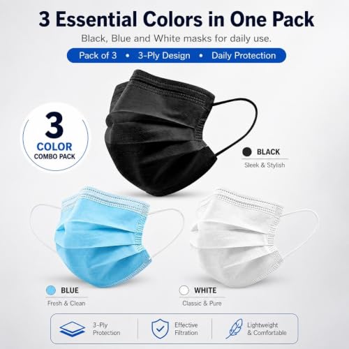 Image of Kausta Disposable 3 Ply Face Mask Pack of 50 | Soft Non-Woven Breathable with Elastic Ear Loops & Adjustable Nose Clip | Comfortable Protection for Daily Use Office & Outdoor | Black, White & Blue