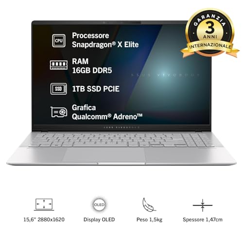 Vivobook S15 OLED S5507QA#B08H1JVYTV, Copilot+ PC in alluminio 15.6" Glossy, Processore Snapdragon® X Elite, RAM 16GB, 1TB SSD PCIE, Qualcomm® Adreno™ GPU, WIN 11 HOME, Argento - Notebook - Immagine 1